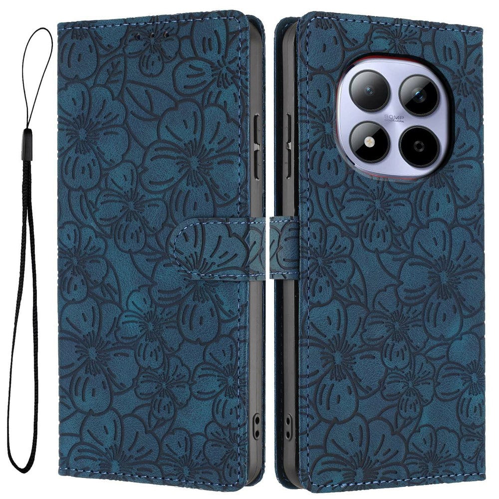 For Xiaomi Redmi Note 15 Pro 5G (Global) Flip Case Cherry Blossom Pattern Leather Wallet Stand Phone Cover with Wrist Strap - Blue