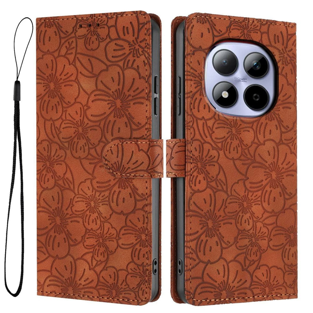 For Xiaomi Redmi Note 15 Pro 5G (Global) Flip Case Cherry Blossom Pattern Leather Wallet Stand Phone Cover with Wrist Strap - Brown