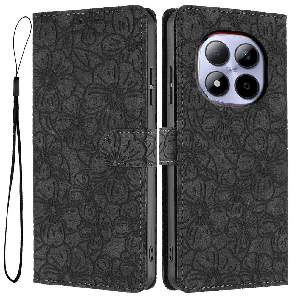 For Xiaomi Redmi Note 15 Pro 5G (Global) Flip Case Cherry Blossom Pattern Leather Wallet Stand Phone Cover with Wrist Strap - Black
