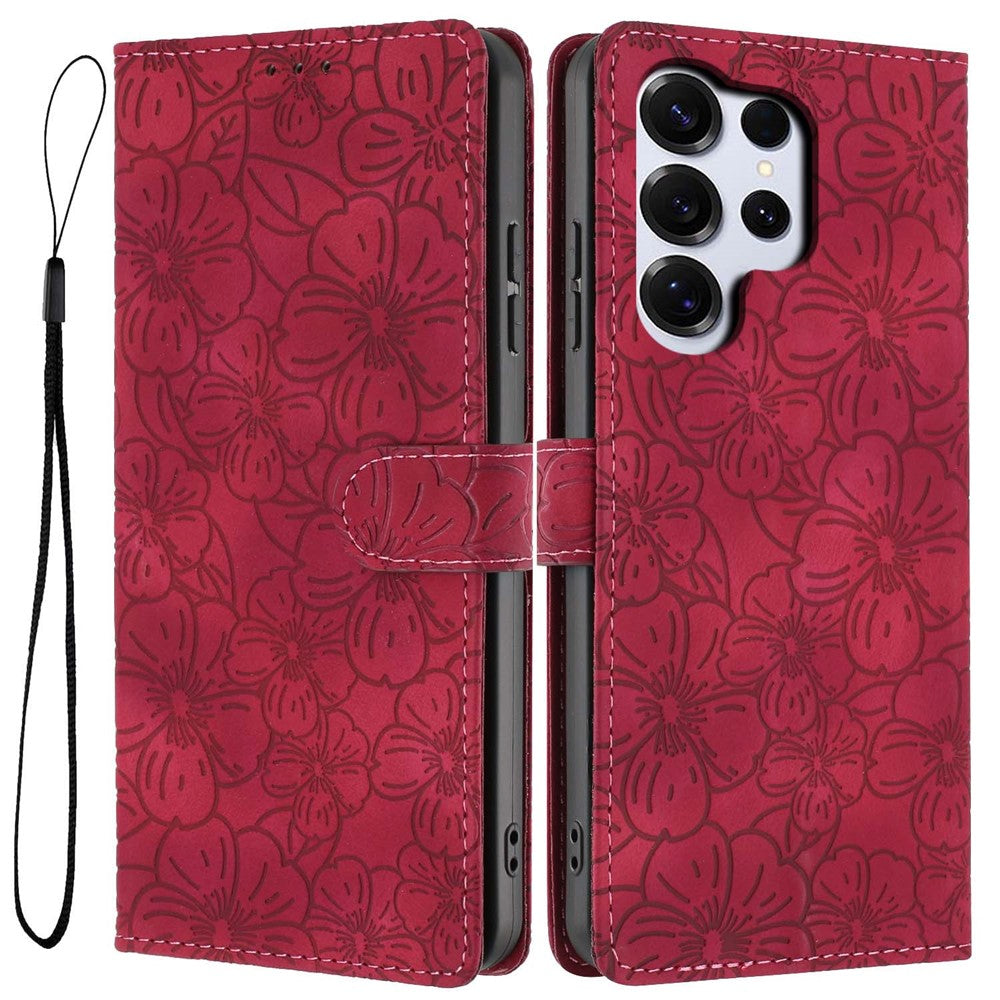 For-Samsung-Galaxy-S26-Ultra-Flip-Case-Cherry-Blossom-Pattern-Leather-Wallet-Stand-Phone-Cover-with-Wrist-Strap-Wine-Red