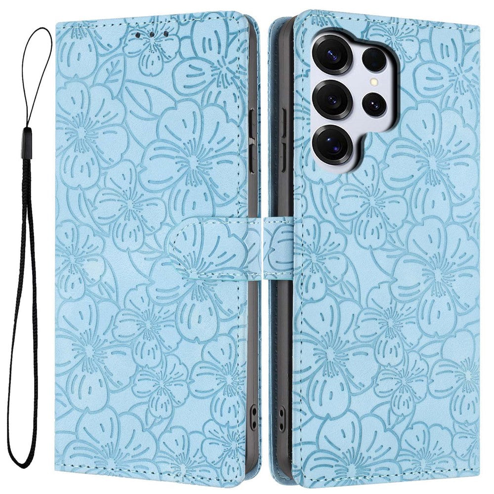 For-Samsung-Galaxy-S26-Ultra-Flip-Case-Cherry-Blossom-Pattern-Leather-Wallet-Stand-Phone-Cover-with-Wrist-Strap-Sky-Blue