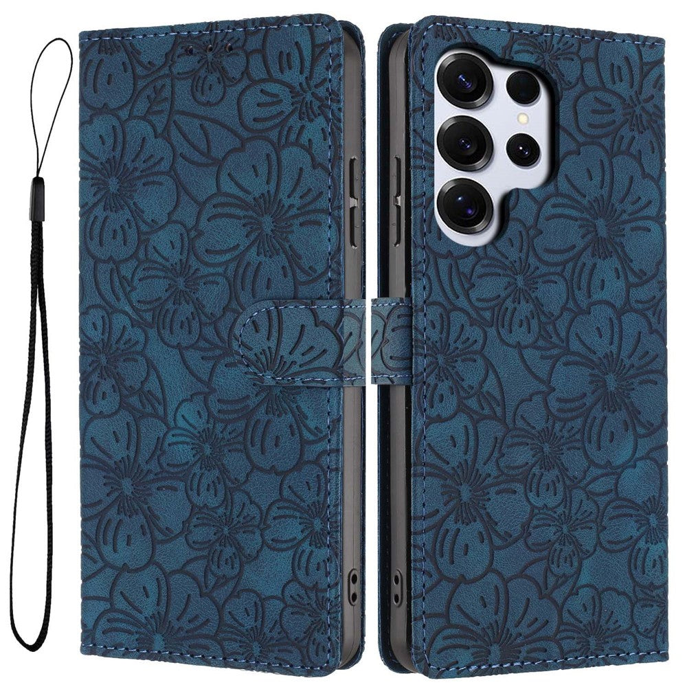 For-Samsung-Galaxy-S26-Ultra-Flip-Case-Cherry-Blossom-Pattern-Leather-Wallet-Stand-Phone-Cover-with-Wrist-Strap-Blue