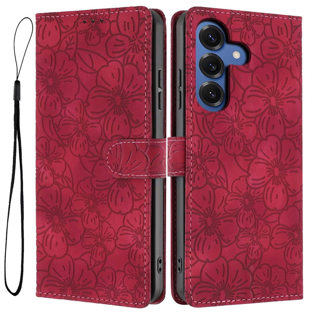 For-Samsung-Galaxy-S26-Pro-/-S26-Flip-Case-Cherry-Blossom-Pattern-Leather-Wallet-Stand-Phone-Cover-with-Wrist-Strap-Wine-Red