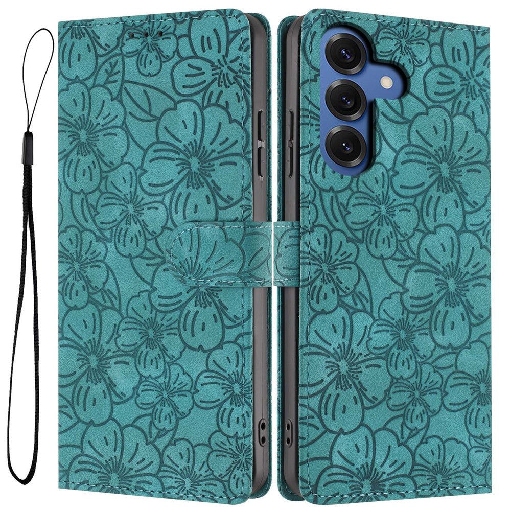 For-Samsung-Galaxy-S26-Pro-/-S26-Flip-Case-Cherry-Blossom-Pattern-Leather-Wallet-Stand-Phone-Cover-with-Wrist-Strap-Green
