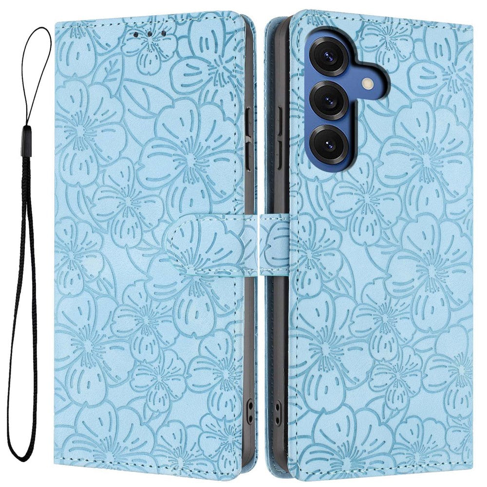 For-Samsung-Galaxy-S26-Pro-/-S26-Flip-Case-Cherry-Blossom-Pattern-Leather-Wallet-Stand-Phone-Cover-with-Wrist-Strap-Sky-Blue
