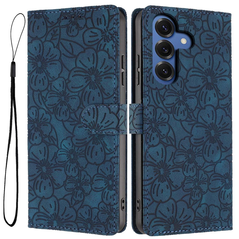 For-Samsung-Galaxy-S26-Pro-/-S26-Flip-Case-Cherry-Blossom-Pattern-Leather-Wallet-Stand-Phone-Cover-with-Wrist-Strap-Blue