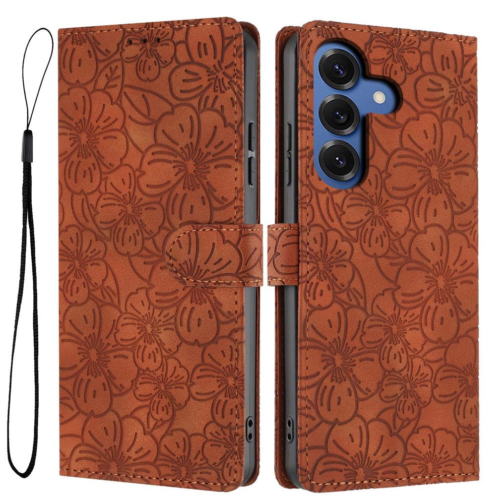 For-Samsung-Galaxy-S26-Pro-/-S26-Flip-Case-Cherry-Blossom-Pattern-Leather-Wallet-Stand-Phone-Cover-with-Wrist-Strap-Brown