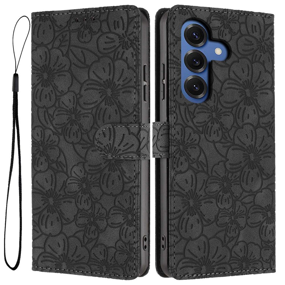 For-Samsung-Galaxy-S26-Pro-/-S26-Flip-Case-Cherry-Blossom-Pattern-Leather-Wallet-Stand-Phone-Cover-with-Wrist-Strap-Black