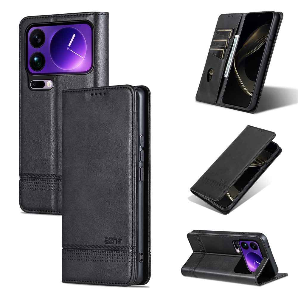 AZNS For Xiaomi 17 Pro Case Cowhide Texture PU Leather Wallet Phone Cover - Black