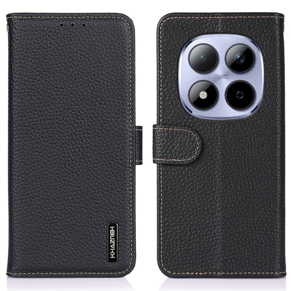KHAZNEH For Xiaomi Redmi Note 15 Pro 5G (Global) Case Genuine Cow Leather Flip Phone Cover - Black