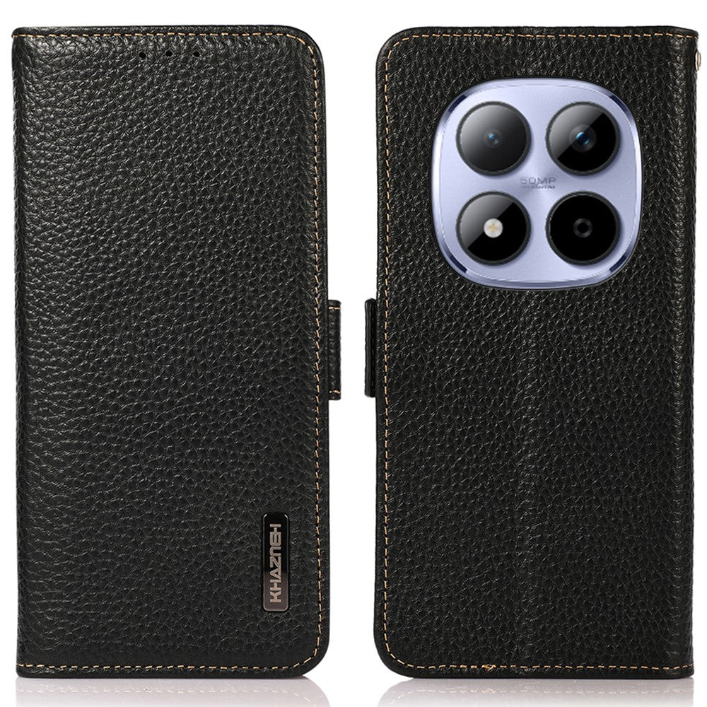 KHAZNEH for Xiaomi Redmi Note 15 Pro 5G (Global) Phone Case Genuine Cow Leather Cover RFID Blocking - Black