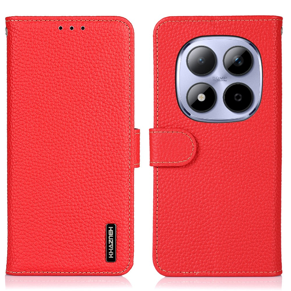 KHAZNEH For Xiaomi Poco M8 Pro 5G / Redmi Note 15 Pro+ 5G (Global) Case Genuine Cow Leather Flip Phone Cover - Red