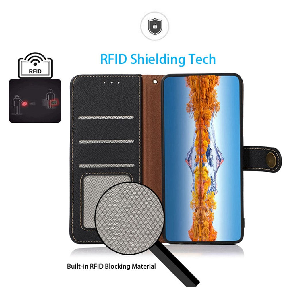 KHAZNEH for Xiaomi Poco M8 Pro 5G / Redmi Note 15 Pro+ 5G (Global) Case Genuine Cow Leather RFID Blocking Wallet Phone Cover - Black