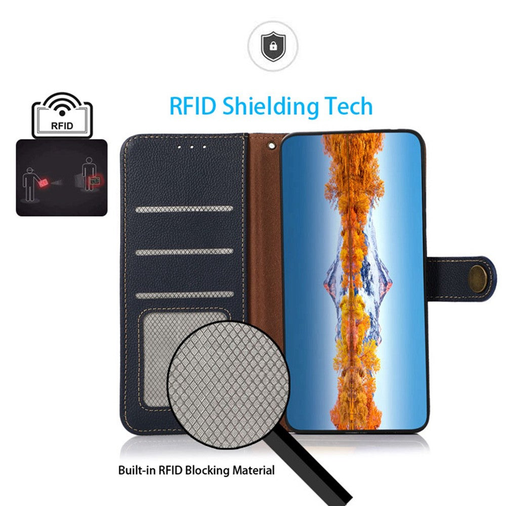 KHAZNEH for Xiaomi Poco M8 Pro 5G / Redmi Note 15 Pro+ 5G (Global) Case Genuine Cow Leather RFID Blocking Wallet Phone Cover - Blue