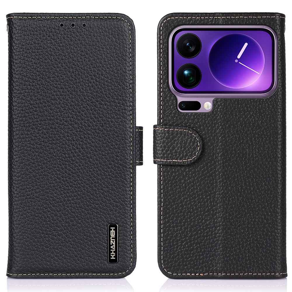 KHAZNEH For Xiaomi 17 Pro Case Genuine Cow Leather Flip Phone Cover - Black