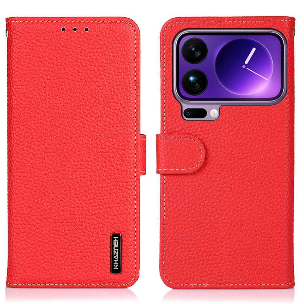 KHAZNEH For Xiaomi 17 Pro Case Genuine Cow Leather Flip Phone Cover - Red