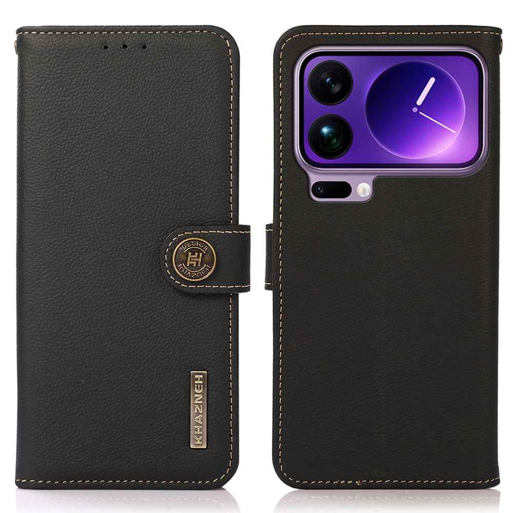KHAZNEH for Xiaomi 17 Pro Case Genuine Cow Leather RFID Blocking Wallet Phone Cover - Black