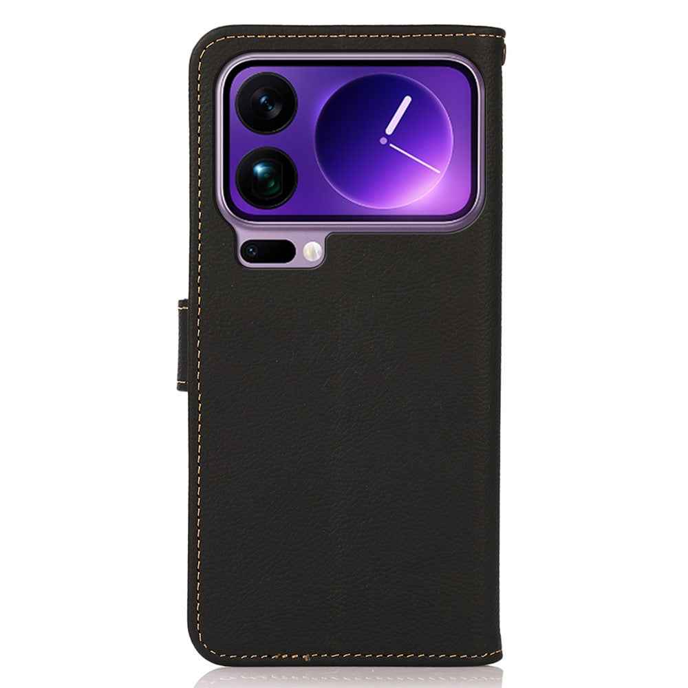 KHAZNEH for Xiaomi 17 Pro Case Genuine Cow Leather RFID Blocking Wallet Phone Cover - Black
