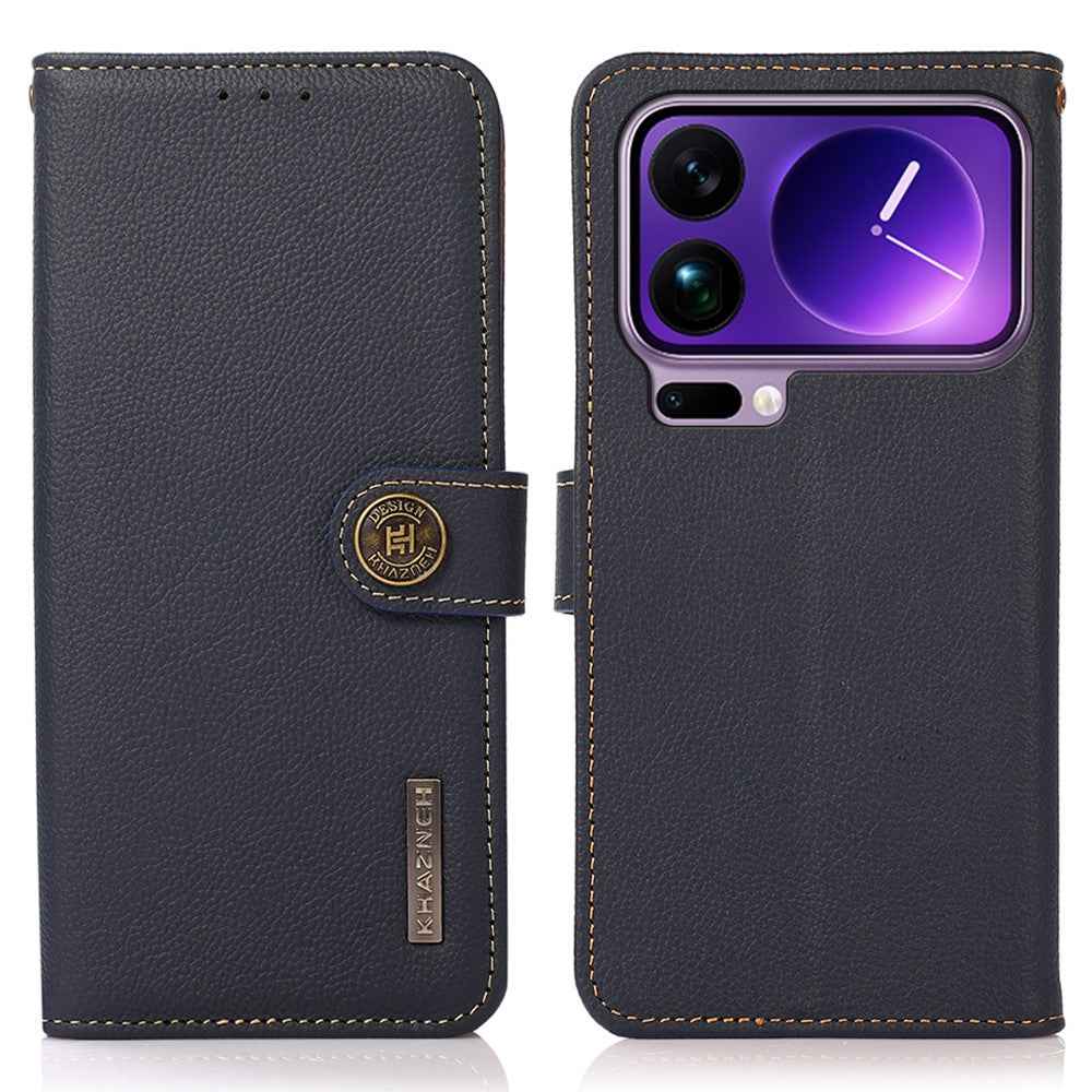 KHAZNEH for Xiaomi 17 Pro Case Genuine Cow Leather RFID Blocking Wallet Phone Cover - Blue