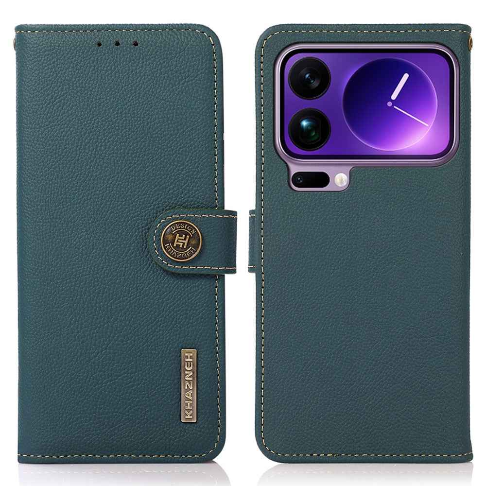KHAZNEH for Xiaomi 17 Pro Case Genuine Cow Leather RFID Blocking Wallet Phone Cover - Green