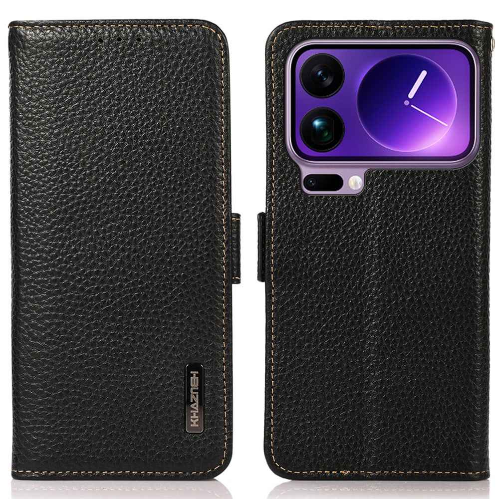 KHAZNEH for Xiaomi 17 Pro Phone Case Genuine Cow Leather Cover RFID Blocking - Black