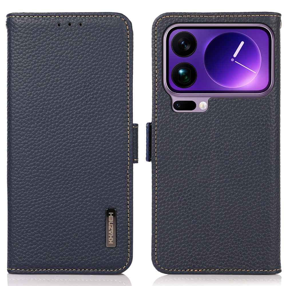 KHAZNEH for Xiaomi 17 Pro Phone Case Genuine Cow Leather Cover RFID Blocking - Blue