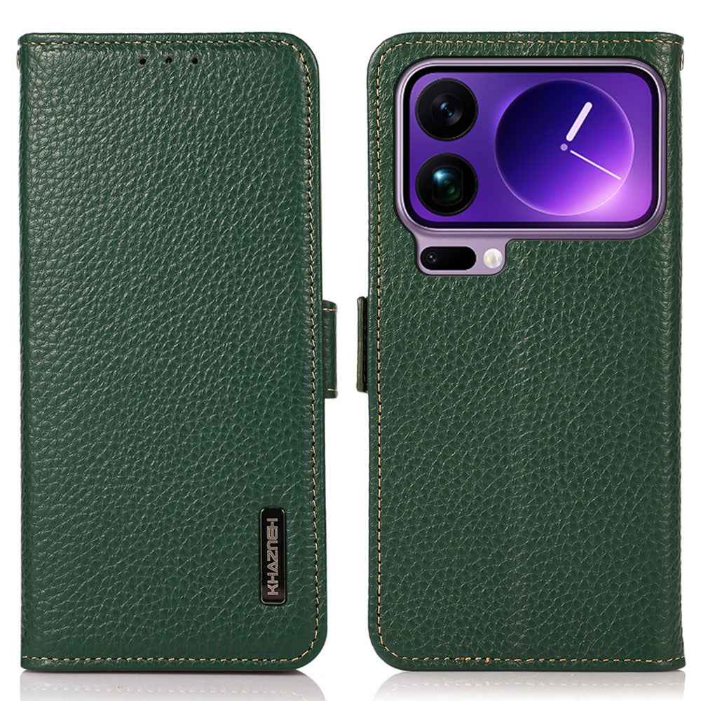 KHAZNEH for Xiaomi 17 Pro Phone Case Genuine Cow Leather Cover RFID Blocking - Green