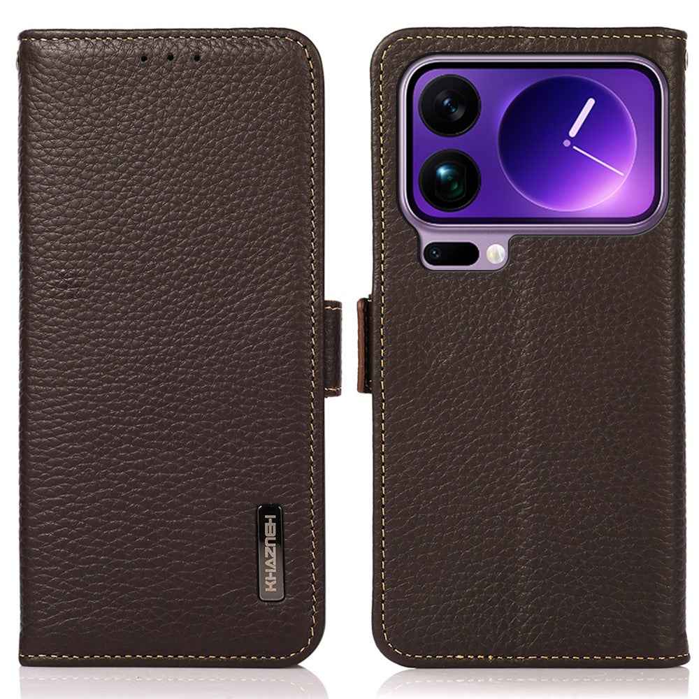 KHAZNEH for Xiaomi 17 Pro Phone Case Genuine Cow Leather Cover RFID Blocking - Brown