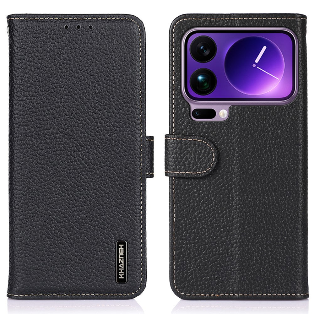 KHAZNEH For Xiaomi 17 Pro Max Case Genuine Cow Leather Flip Phone Cover - Black