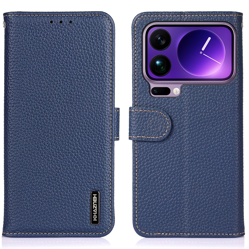 KHAZNEH For Xiaomi 17 Pro Max Case Genuine Cow Leather Flip Phone Cover - Blue
