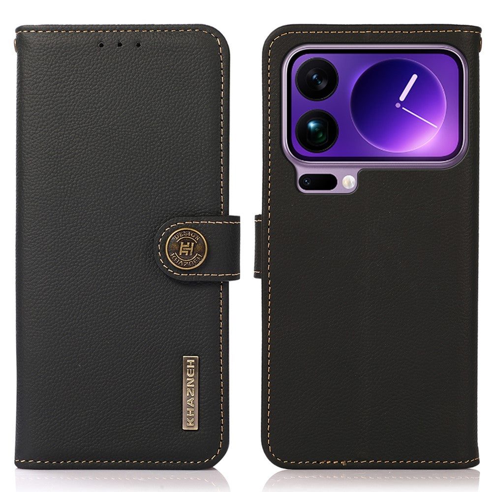 KHAZNEH for Xiaomi 17 Pro Max Case Genuine Cow Leather RFID Blocking Wallet Phone Cover - Black
