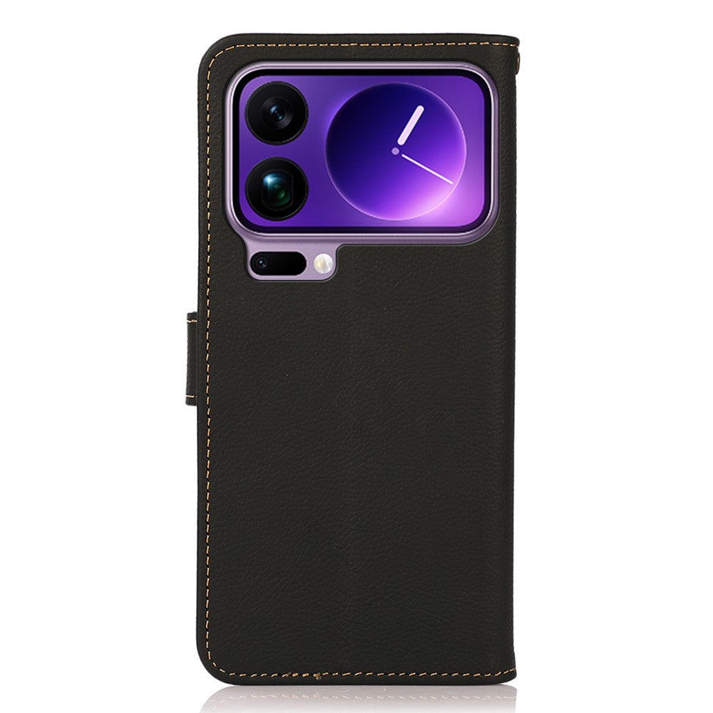 KHAZNEH for Xiaomi 17 Pro Max Case Genuine Cow Leather RFID Blocking Wallet Phone Cover - Black