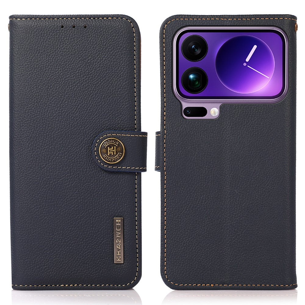KHAZNEH for Xiaomi 17 Pro Max Case Genuine Cow Leather RFID Blocking Wallet Phone Cover - Blue