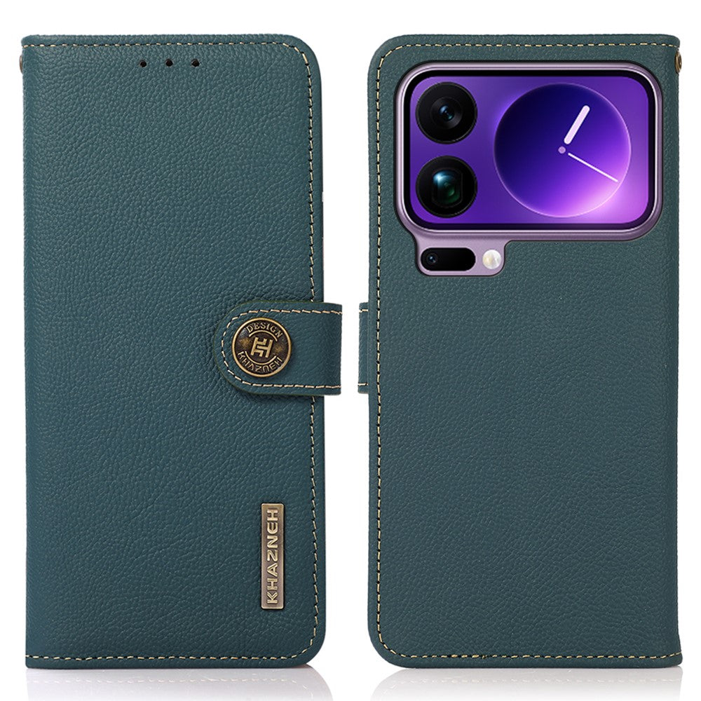 KHAZNEH for Xiaomi 17 Pro Max Case Genuine Cow Leather RFID Blocking Wallet Phone Cover - Green