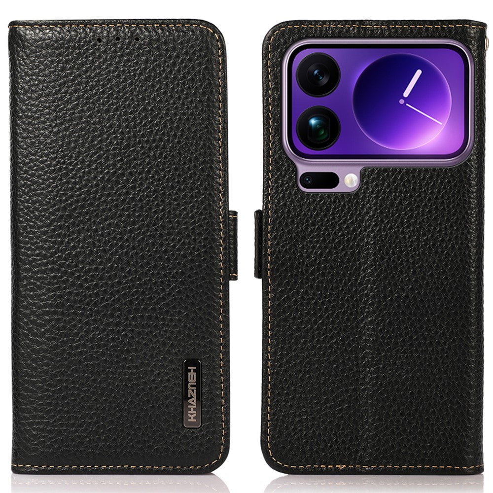 KHAZNEH for Xiaomi 17 Pro Max Phone Case Genuine Cow Leather Cover RFID Blocking - Black