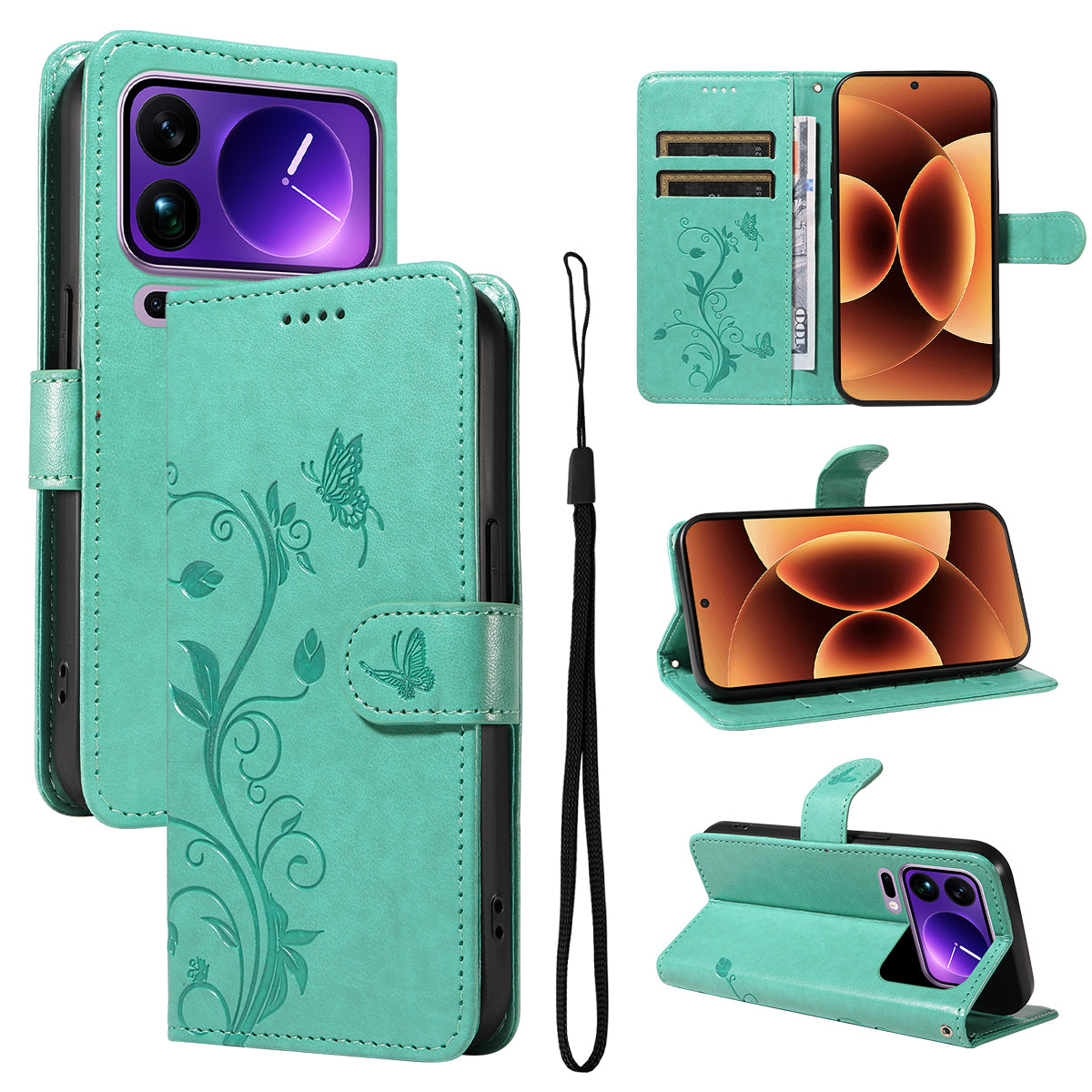 For Xiaomi 17 Pro Max PU Leather Cases Flower Pattern Wallet Stand Phone Cover with Strap - Green