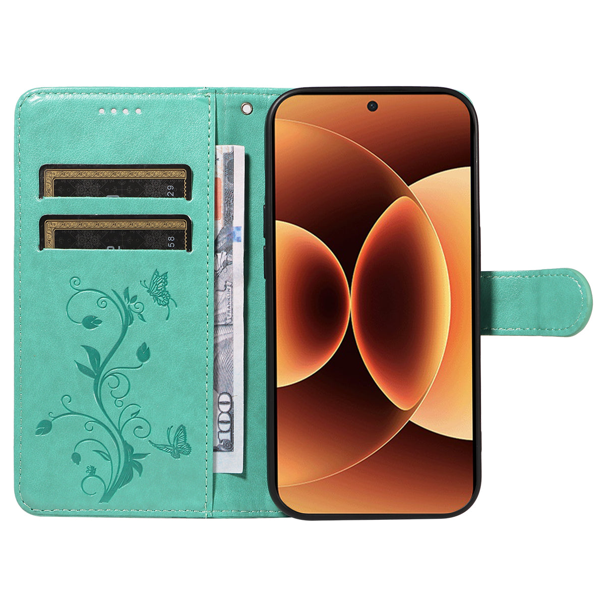 For Xiaomi 17 Pro Max PU Leather Cases Flower Pattern Wallet Stand Phone Cover with Strap - Green