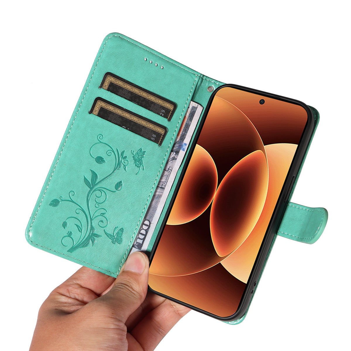 For Xiaomi 17 Pro Max PU Leather Cases Flower Pattern Wallet Stand Phone Cover with Strap - Green