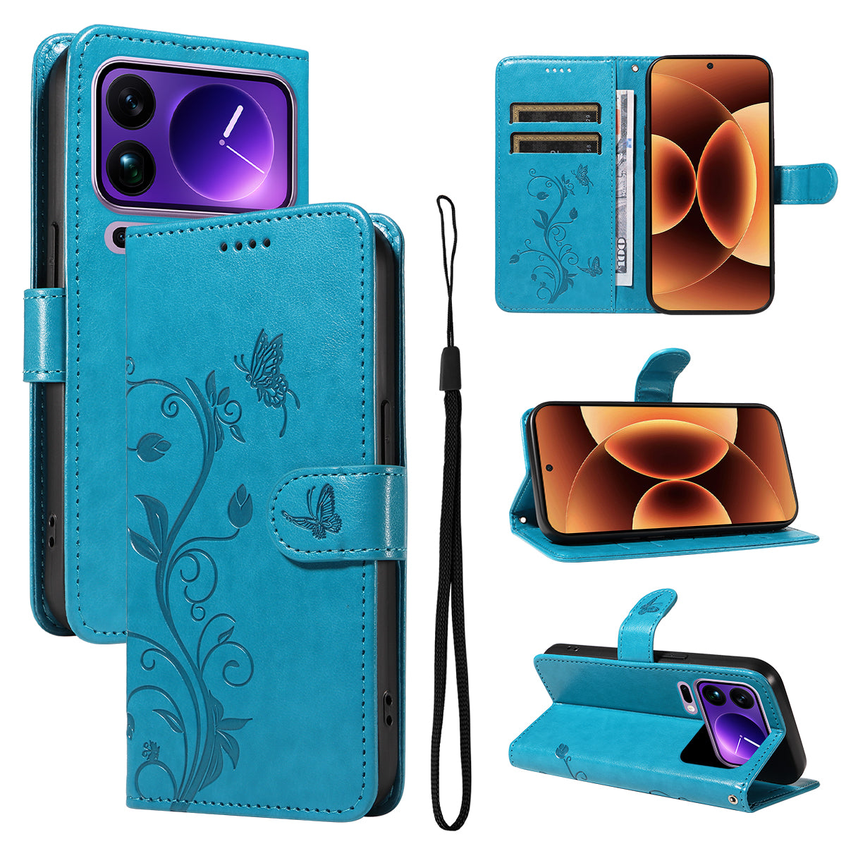 For Xiaomi 17 Pro Max PU Leather Cases Flower Pattern Wallet Stand Phone Cover with Strap - Blue