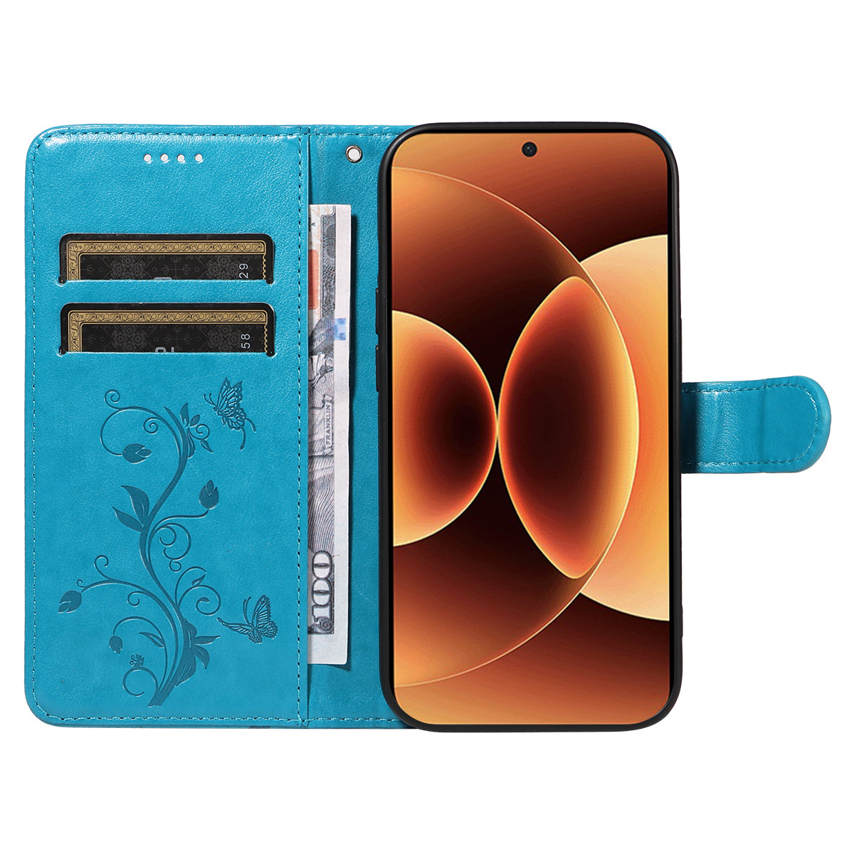For Xiaomi 17 Pro Max PU Leather Cases Flower Pattern Wallet Stand Phone Cover with Strap - Blue