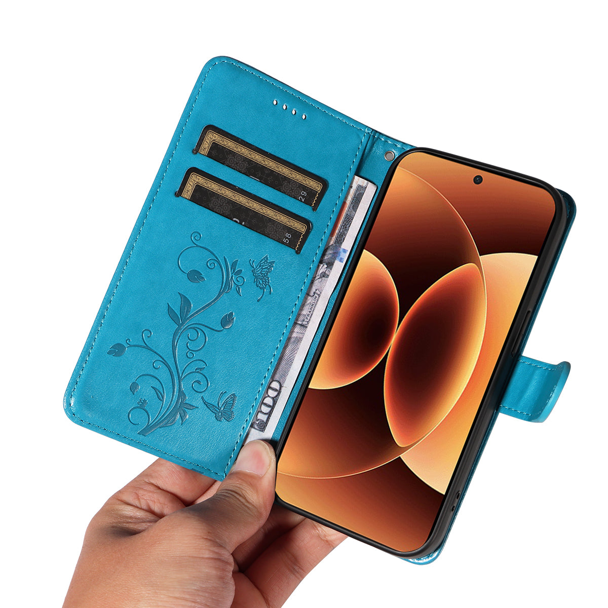 For Xiaomi 17 Pro Max PU Leather Cases Flower Pattern Wallet Stand Phone Cover with Strap - Blue
