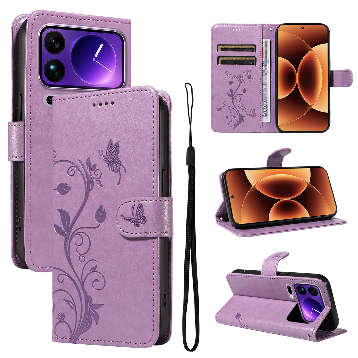 For Xiaomi 17 Pro Max PU Leather Cases Flower Pattern Wallet Stand Phone Cover with Strap -  Light Purple