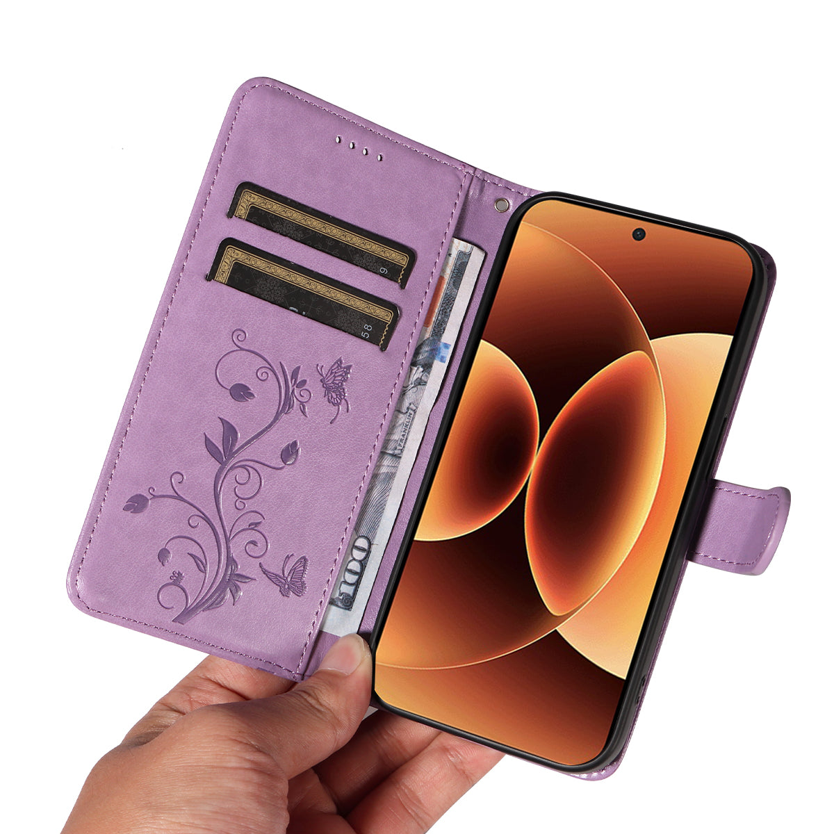 For Xiaomi 17 Pro Max PU Leather Cases Flower Pattern Wallet Stand Phone Cover with Strap -  Light Purple