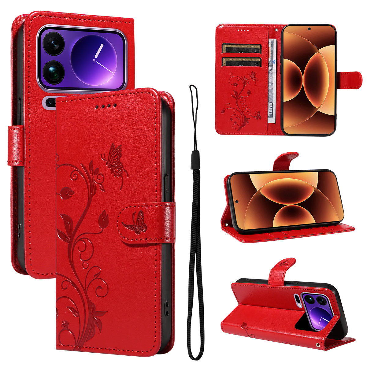 For Xiaomi 17 Pro Max PU Leather Cases Flower Pattern Wallet Stand Phone Cover with Strap - Red