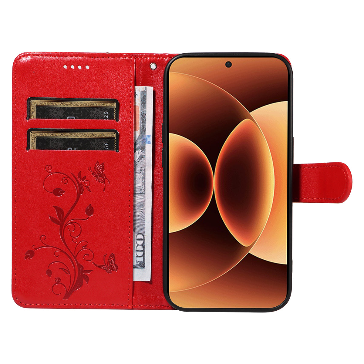 For Xiaomi 17 Pro Max PU Leather Cases Flower Pattern Wallet Stand Phone Cover with Strap - Red