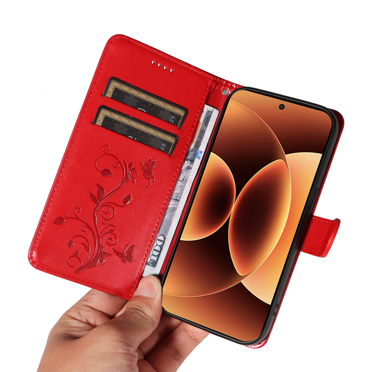 For Xiaomi 17 Pro Max PU Leather Cases Flower Pattern Wallet Stand Phone Cover with Strap - Red