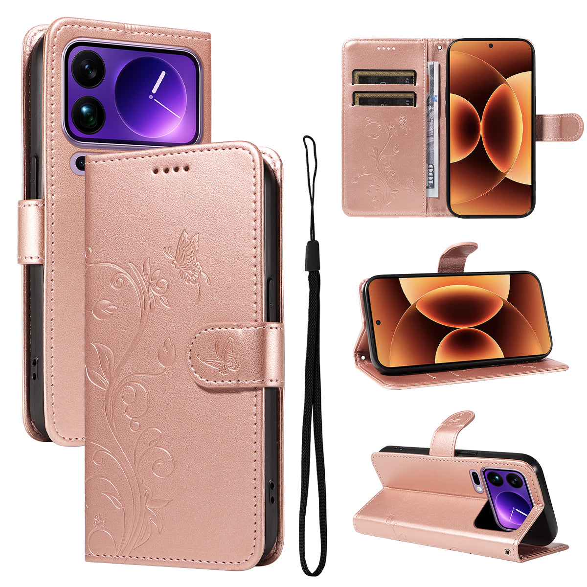 For Xiaomi 17 Pro Max PU Leather Cases Flower Pattern Wallet Stand Phone Cover with Strap - Rose Gold