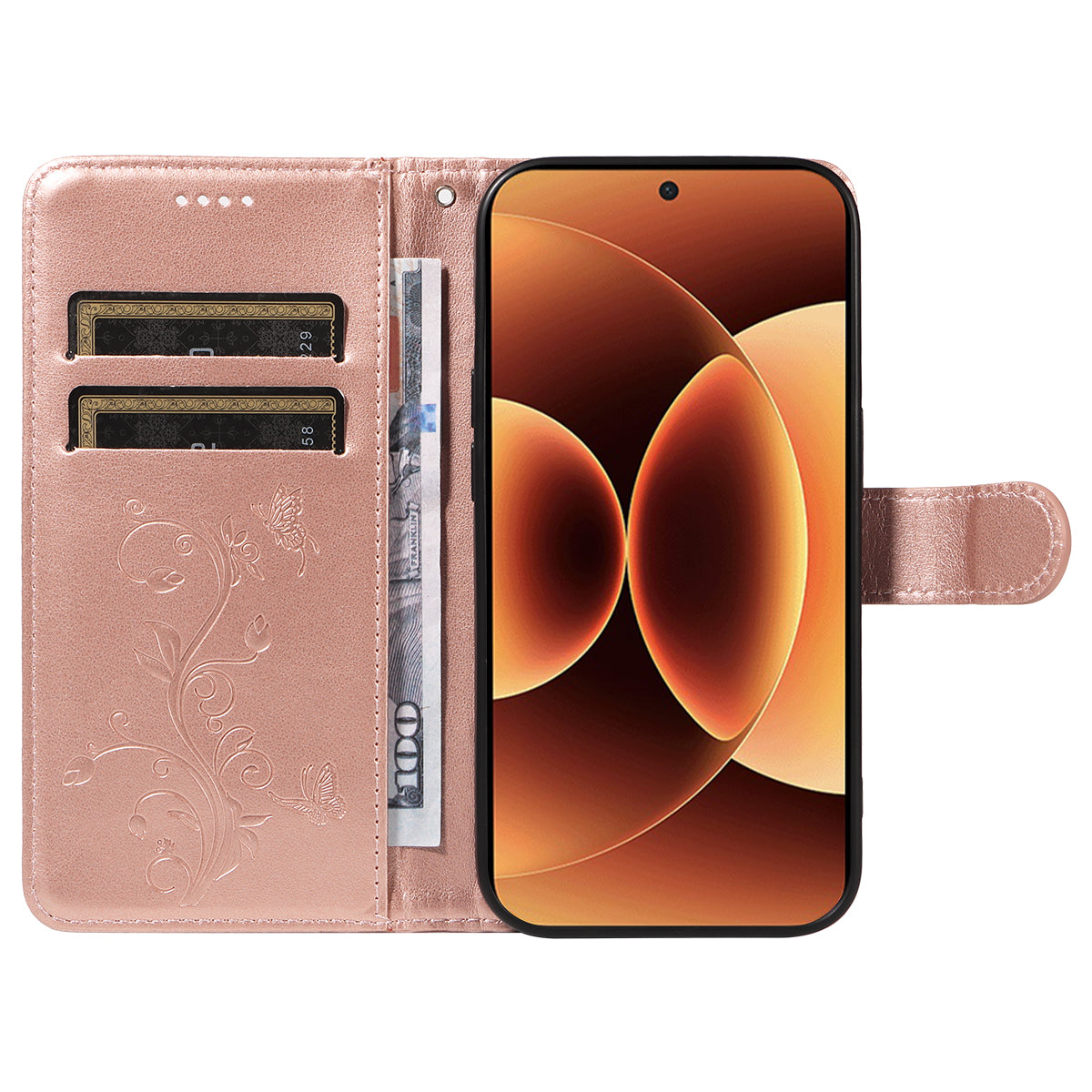 For Xiaomi 17 Pro Max PU Leather Cases Flower Pattern Wallet Stand Phone Cover with Strap - Rose Gold