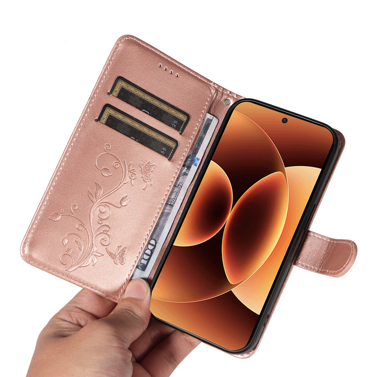 For Xiaomi 17 Pro Max PU Leather Cases Flower Pattern Wallet Stand Phone Cover with Strap - Rose Gold