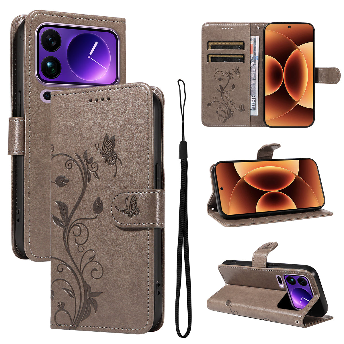 For Xiaomi 17 Pro Max PU Leather Cases Flower Pattern Wallet Stand Phone Cover with Strap - Grey